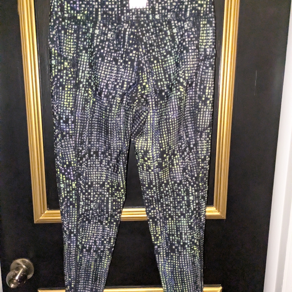 DKNY Black Leggings with Neon Yellow & Pale Purple Dot Pattern
